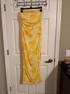 Strapless Yellow Watercolor Print Maxi Swim Cover-Up